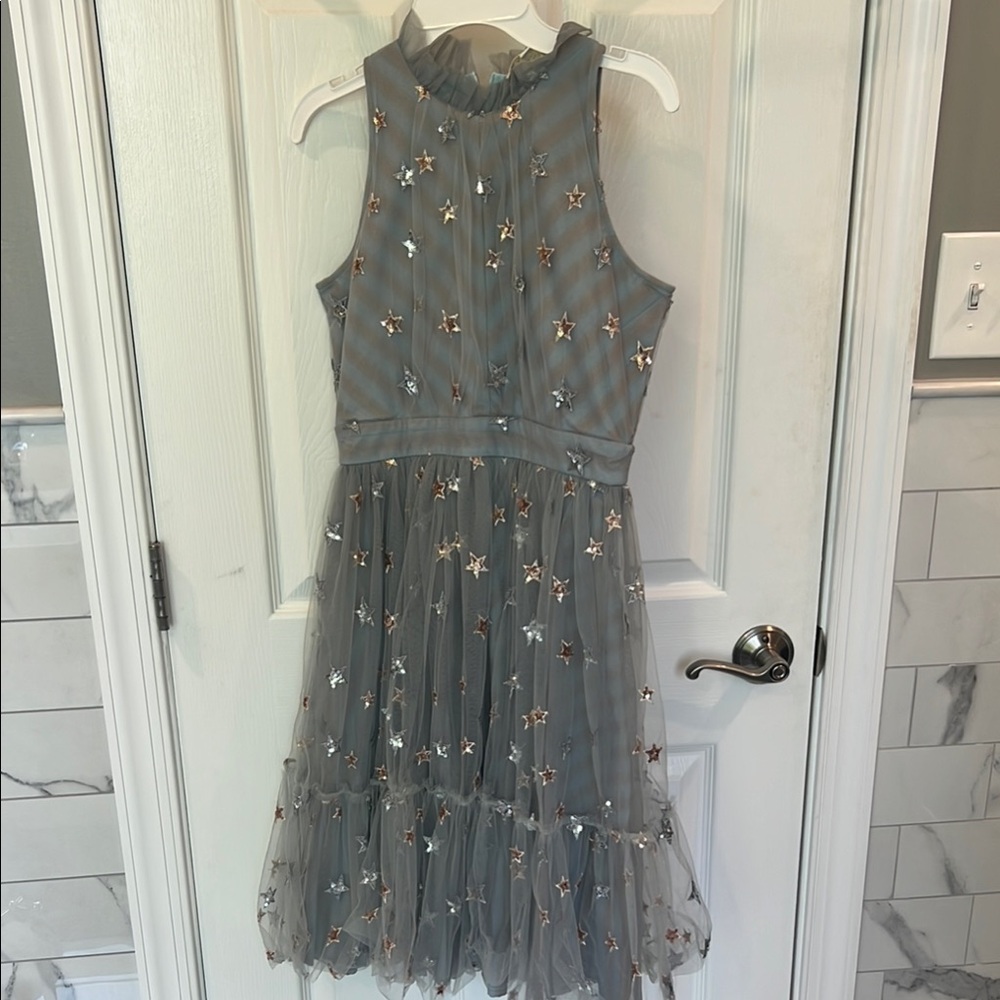 Hannah Banana Gray Silver Fit and Flare Halter Dress